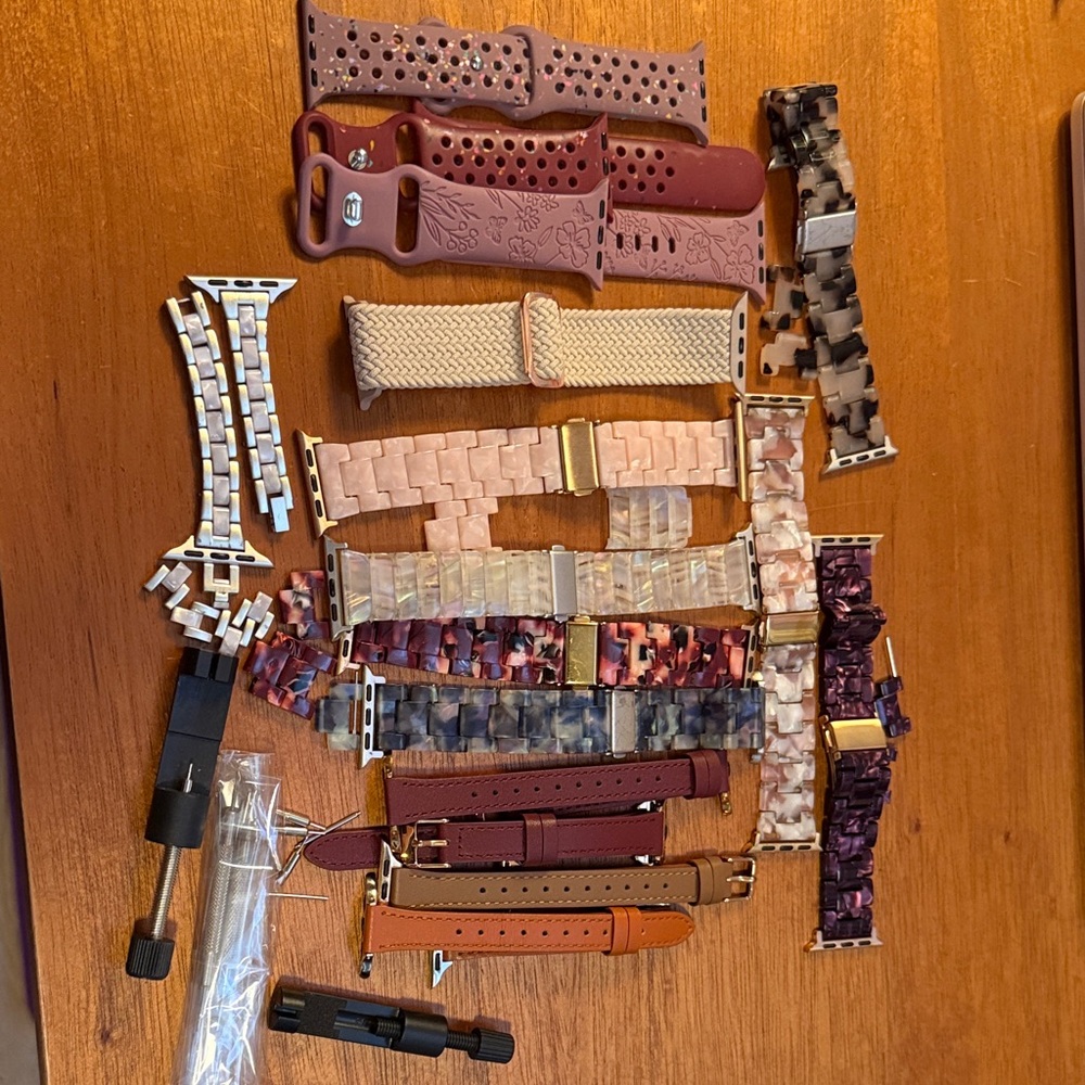 Assorted small/10 Apple Watch Bands Leather, Resin, silicone, woven + tools